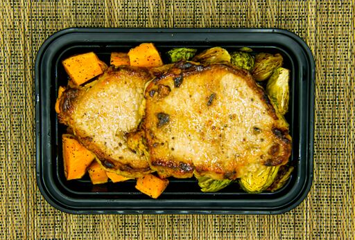 Baked Chops, Brussels and Sweet Potatoes